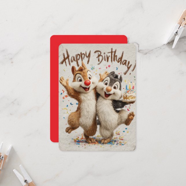 Cute Cartoon Chipmunks Happy Birthday Card  (Fram/Back In Situ)