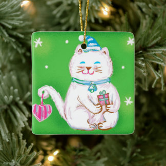 Cute Cartoon Christmas Cat Wearing a Santa Hat Julgransprydnad Keramik