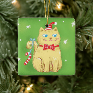Cute Cartoon Christmas Cat with Santa Hat Julgransprydnad Keramik