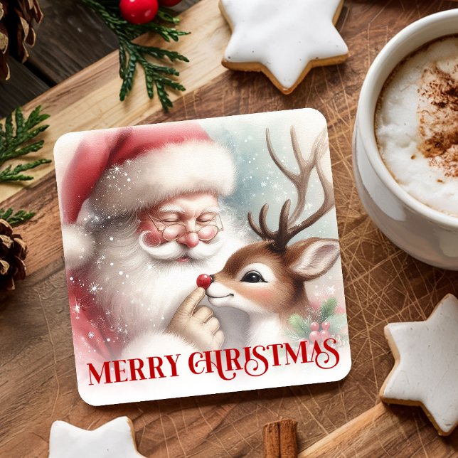 Cute Cartoon Christmas Coasters Santa and Rudolph Underlägg Papper Kvadrat (Cute Cartoon Christmas Coasters Santa and Rudolph)