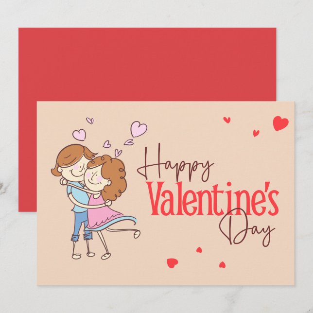 Cute Cartoon Couple Hugging Happy Valentine's Day  Julkort (Fram/baksida)