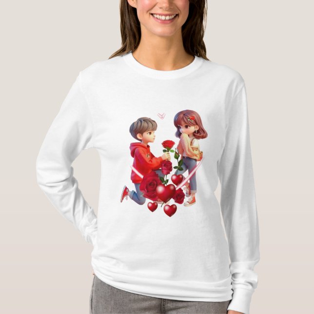 Cute Cartoon Couple Romantic T-Shirt Design (Framsida)