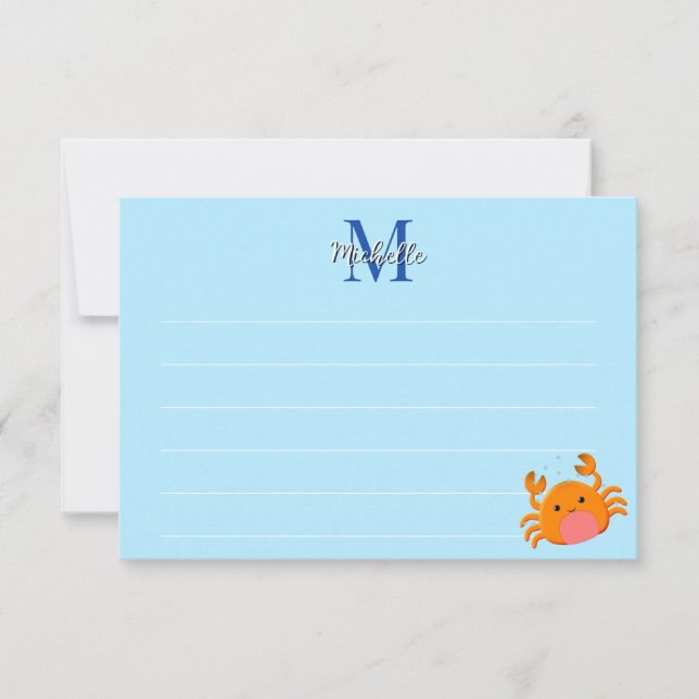 Cute Cartoon Crab Blue Ocean Lined Monogram Anteckningskort (Framsida)