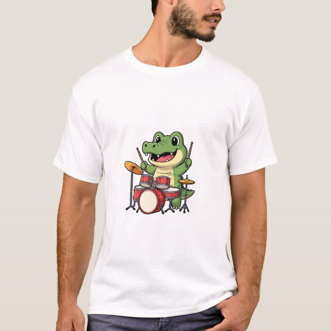 Cute Cartoon Crocodile Drummer Mascot T Shirt (Framsida)