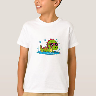 Cute Cartoon Dinosaur Swimming with Sunglasses  T Shirt