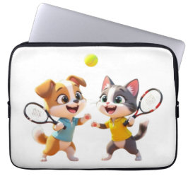 Cute Cartoon Dog and Cat Playing Padel Tennis – Fu Laptop Fodral