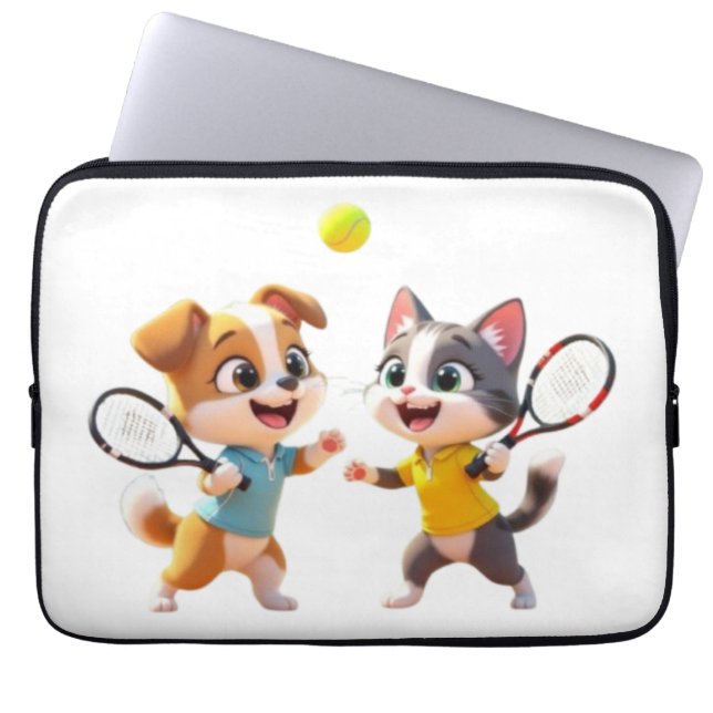 Cute Cartoon Dog and Cat Playing Padel Tennis – Fu Laptop Fodral (Framsidan)