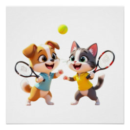 Cute Cartoon Dog and Cat Playing Padel Tennis – Fu Perfect Poster