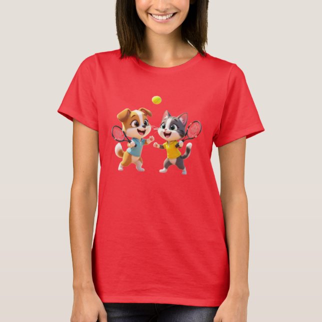 Cute Cartoon Dog and Cat Playing Padel Tennis – Fu T Shirt (Framsida)
