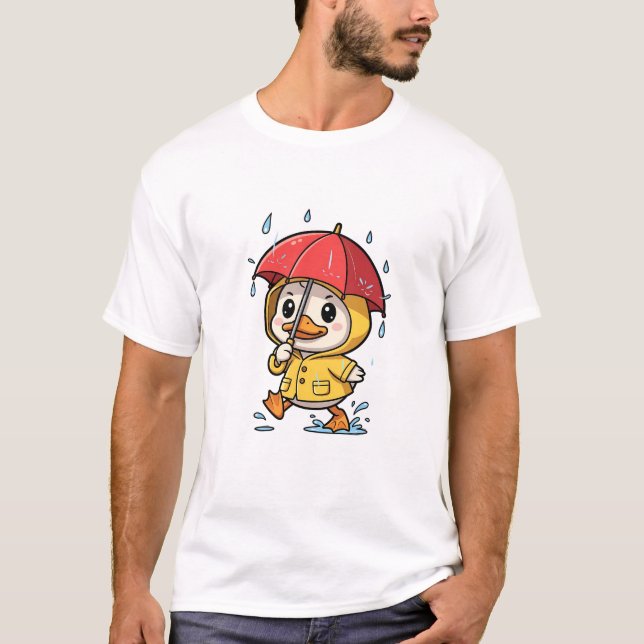 Cute Cartoon Duck Walking in Rain T Shirt (Framsida)