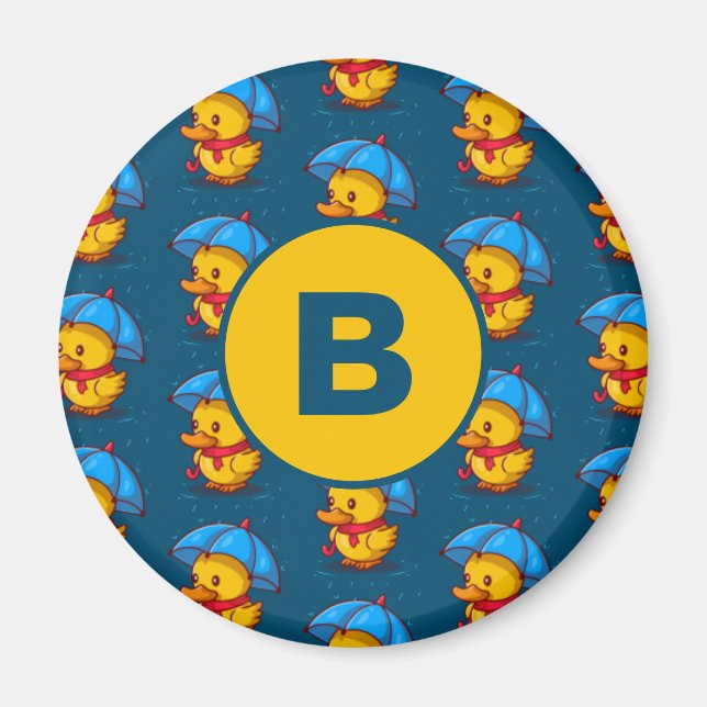 Cute Cartoon Ducks Under Umbrellas Monogram Magnet (Framsidan)