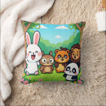 Cute Cartoon Forest Animals Friends  Kudde<br><div class="desc">Bring a touch of magic to your child's room with this adorable illustration featuring a group of happy forest friends! This cheerful design includes a friendly white rabbit,  a cute panda,  a brave lion,  a sweet bear,  and a little owl,  all gathered in a vibrant green meadow</div>