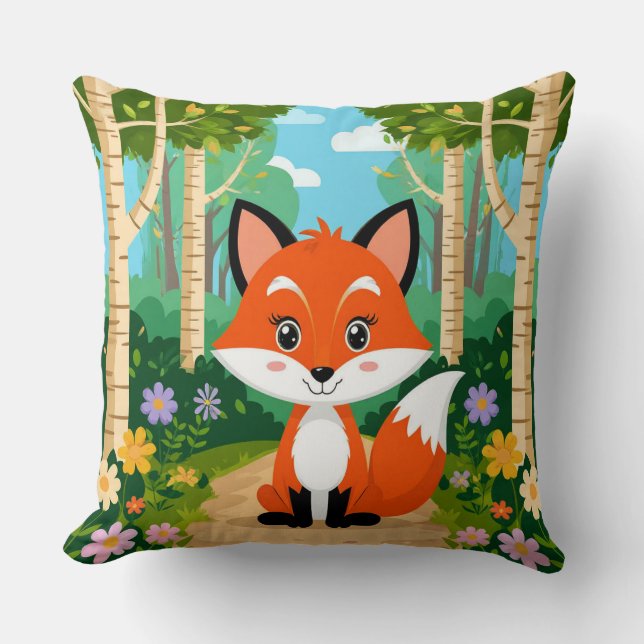 Cute Cartoon Fox Sitting On Forest Path Kudde (Framsida)