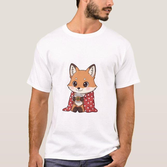 Cute Cartoon Fox Wrapped in Red Polka Dot Blanket  T Shirt (Framsida)