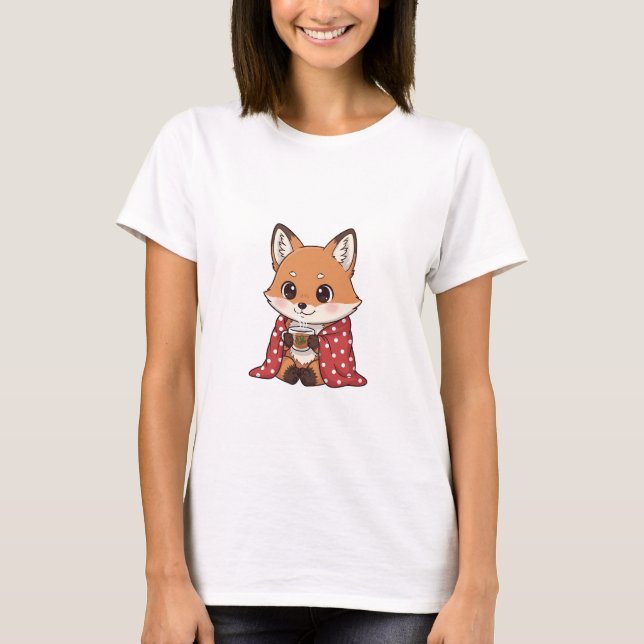 Cute Cartoon Fox Wrapped in Red Polka Dot Blanket  T Shirt (Framsida)