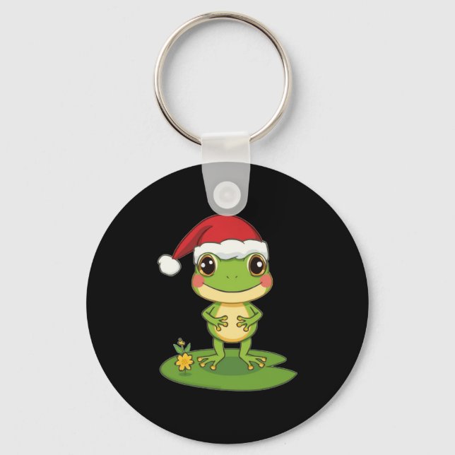 Cute Cartoon Frog Character Wearing a Santa Hat on Nyckelring (Framsida)