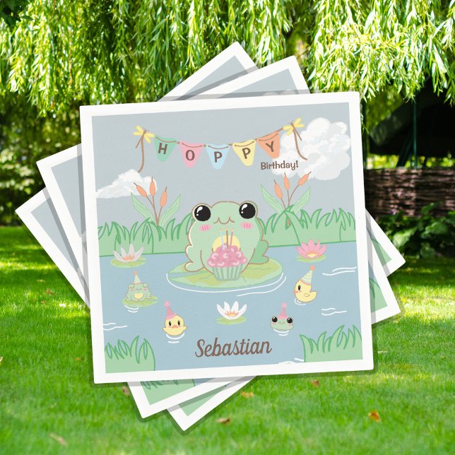 Cute Cartoon Frog Pond Birthday Party Pappersservett (Skapare uppladdad)