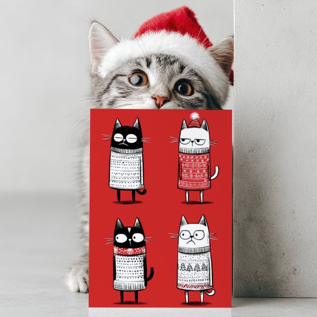 Cute Cartoon Funny Cats Lover Red Meowy Christmas  Julkort (Skapare uppladdad)