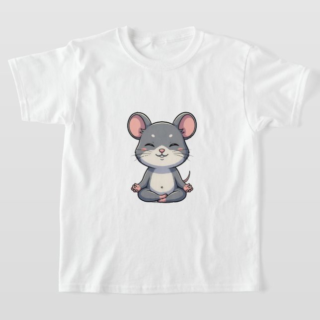 Cute Cartoon Grey Mouse Meditating in Lotus Pose T Shirt (Laydown)