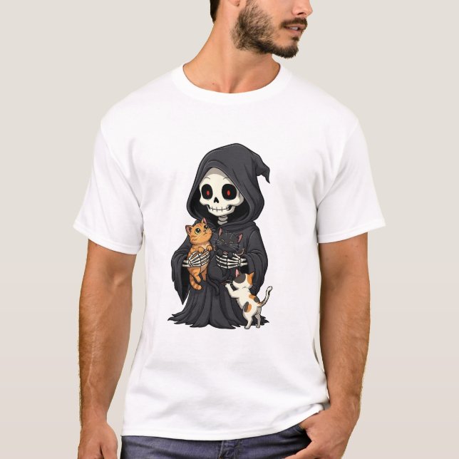 Cute Cartoon Grim Reaper Hugging T Shirt (Framsida)