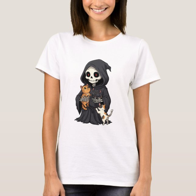 Cute Cartoon Grim Reaper Hugging T Shirt (Framsida)