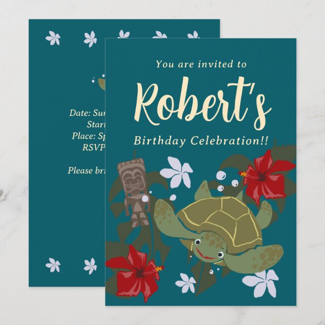 Cute Cartoon Hawaii Sea Turtle Birthday Invitation Inbjudningar (Fram/baksida)
