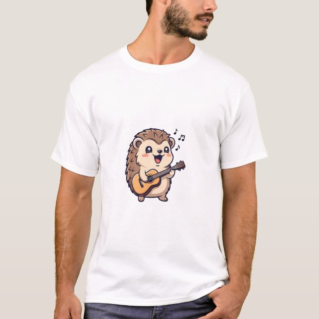 Cute Cartoon Hedgehog Playing Acoustic Guitar T Shirt (Framsida)