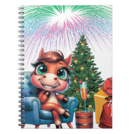 Cute Cartoon Horse New Year's Eve Celebration Anteckningsbok