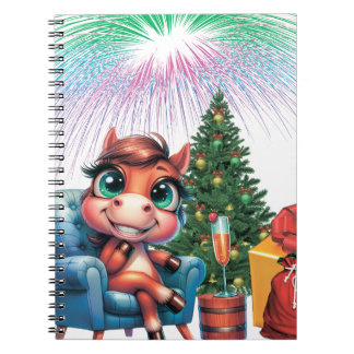 Cute Cartoon Horse New Year's Eve Celebration Anteckningsbok