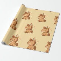 Cute Cartoon Horse with Party Hat Wrapping Paper