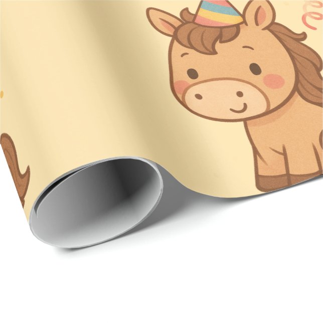 Cute Cartoon Horse with Party Hat Wrapping Paper Presentpapper (Rullad Hörn)