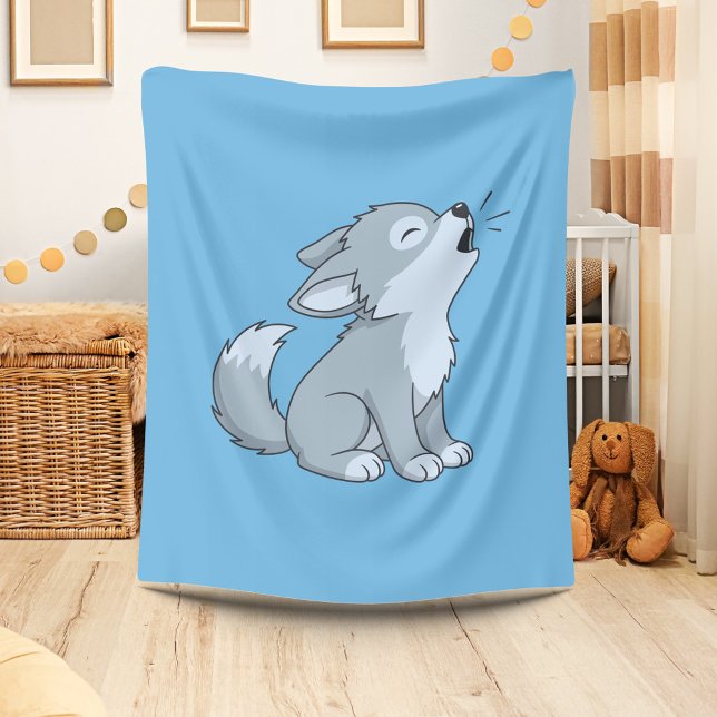 Cute Cartoon Howling Wolf Pup Blue Fleecefilt (Skapare uppladdad)