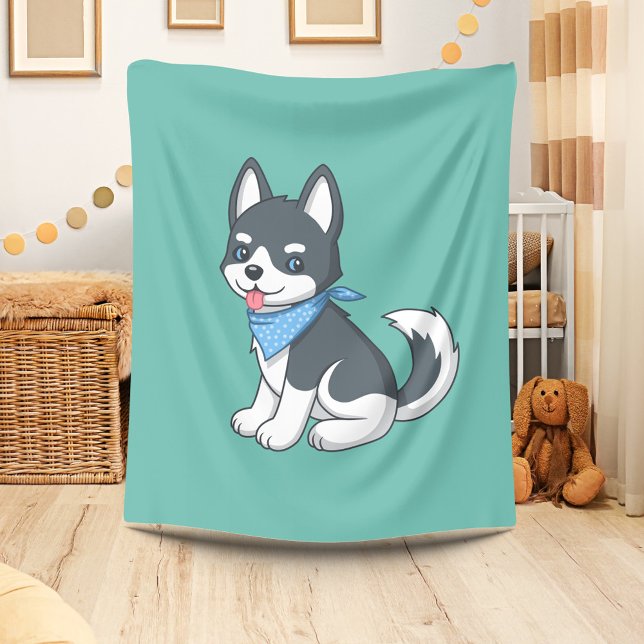 Cute Cartoon Husky Puppy Dog on Green Fleecefilt (Skapare uppladdad)