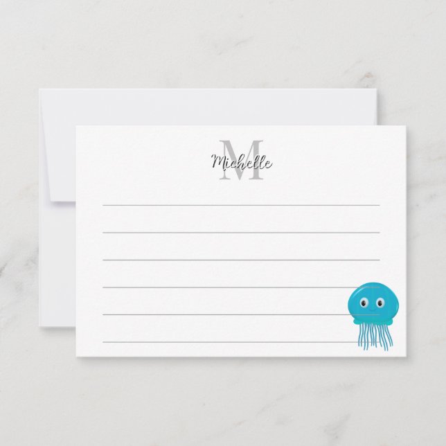 Cute Cartoon Jellyfish Custom Lined Monogram Anteckningskort (Framsida)