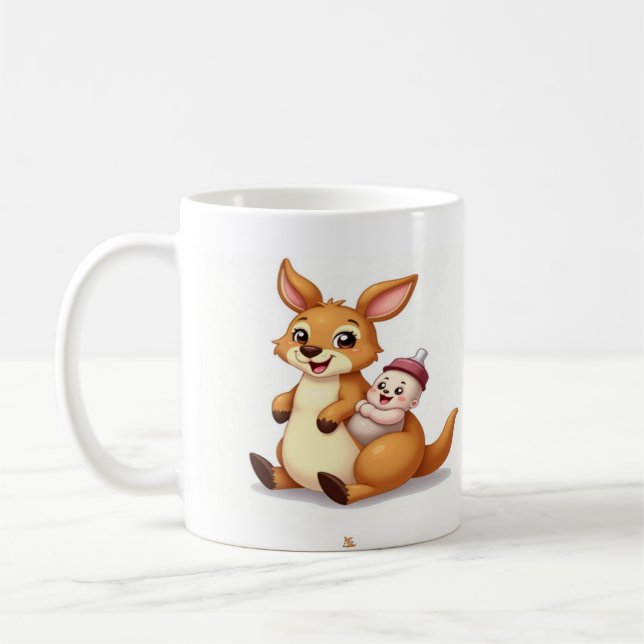 Cute Cartoon Kangaroo with Baby and Milk Bottle -  Kaffemugg (Vänster)
