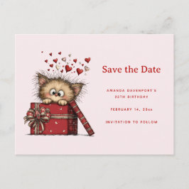 Cute Cartoon Kitten in a Box with Hearts Meddelande Vykort