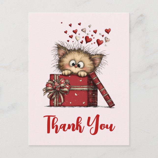 Cute Cartoon Kitten in a Box with Hearts Thank You Vykort (Framsida)