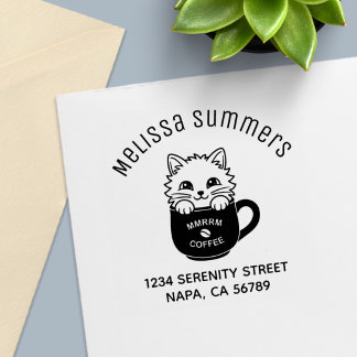 Cute Cartoon Kitten in Coffee Mug Arch Address Självfärgande Stämpel
