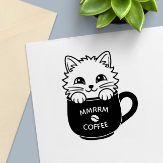Cute Cartoon Kitten in Coffee Mug Custom Text Självfärgande Stämpel