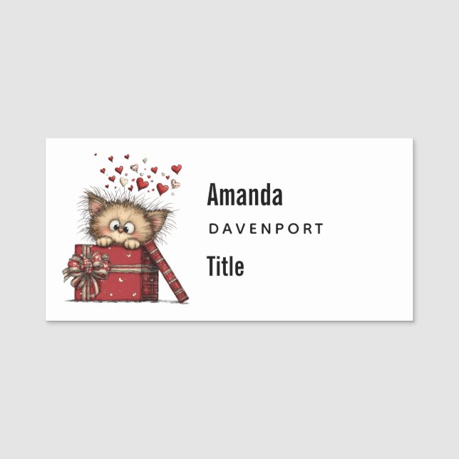 Cute Cartoon Kitten with Hearts Business Namnbricka (Framsida)
