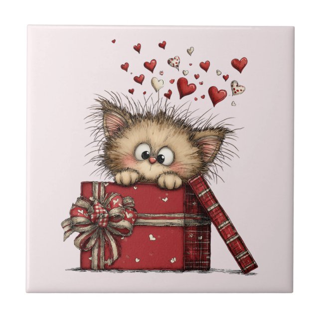 Cute Cartoon Kitten with Hearts Kakelplatta (Framsidan)