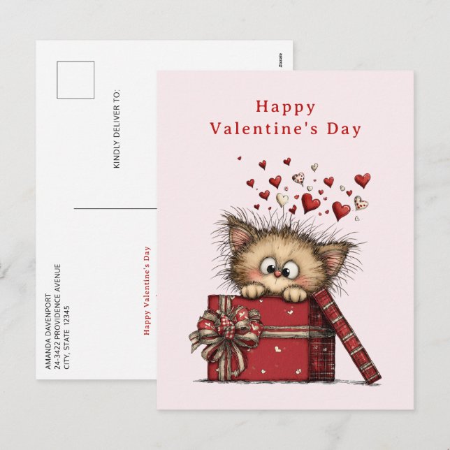 Cute Cartoon Kitten with Hearts Valentine's Day Helg Vykort (Fram/baksida)