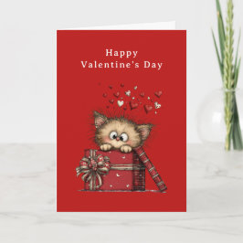 Cute Cartoon Kitten with Hearts Valentine's Day Helgkort