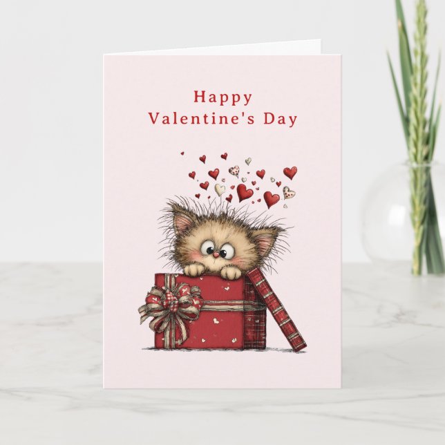 Cute Cartoon Kitten with Hearts Valentine's Day Helgkort (Framsida)