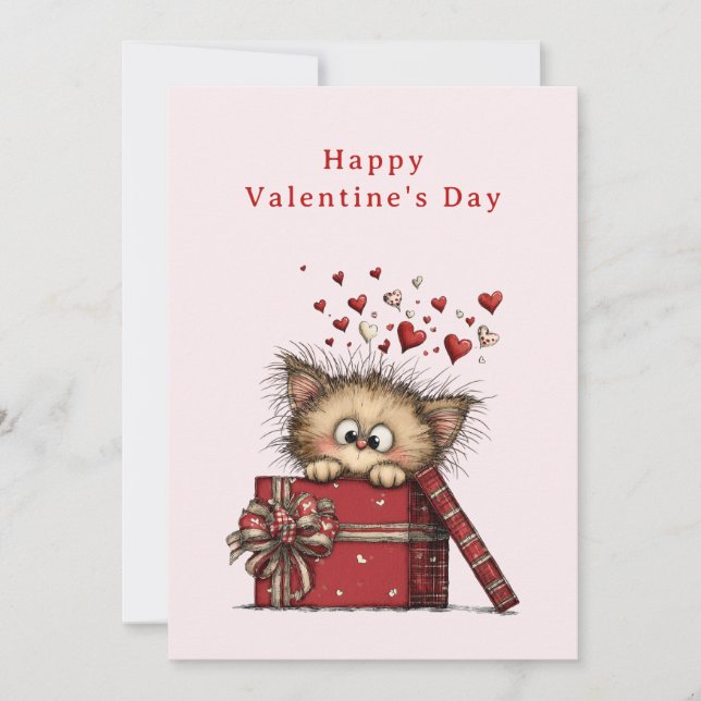 Cute Cartoon Kitten with Hearts Valentine's Julkort (Framsida)