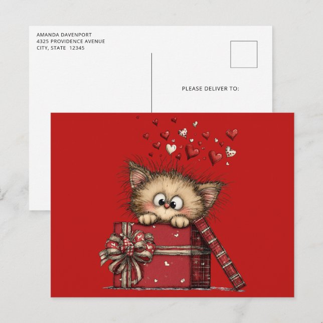 Cute Cartoon Kitten with Hearts Vykort (Fram/baksida)