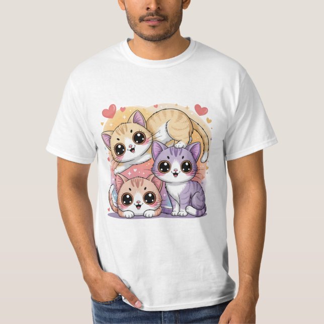 Cute Cartoon Kitty Trio with Hearts T Shirt (Framsida)