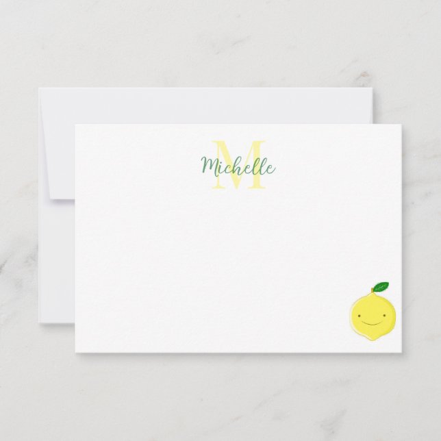 Cute Cartoon Lemon Custom Monogram Anteckningskort (Framsida)
