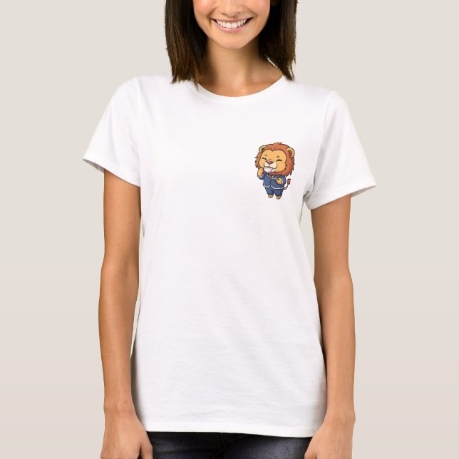 Cute Cartoon Lion Businessman Mascot Drinking Tea T Shirt (Framsida)