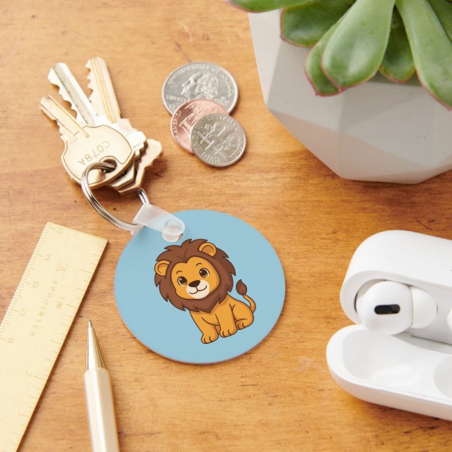 Cute Cartoon Lion on Blue Nyckelring (Skrivbord)